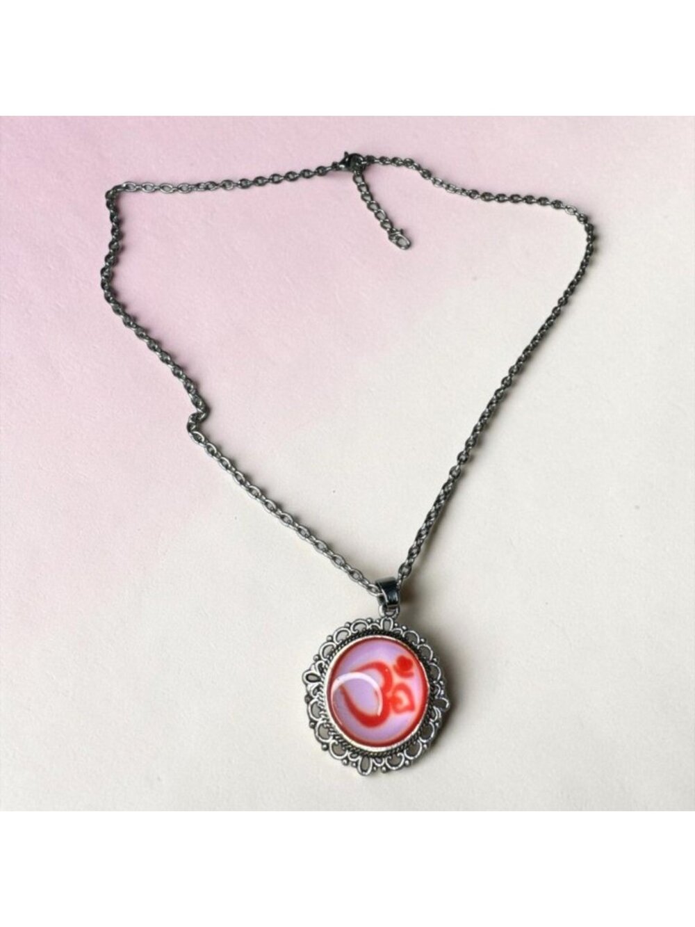 Om Symbol Pendant Necklace With Silver Chain Red & White Design Womens Spiritual